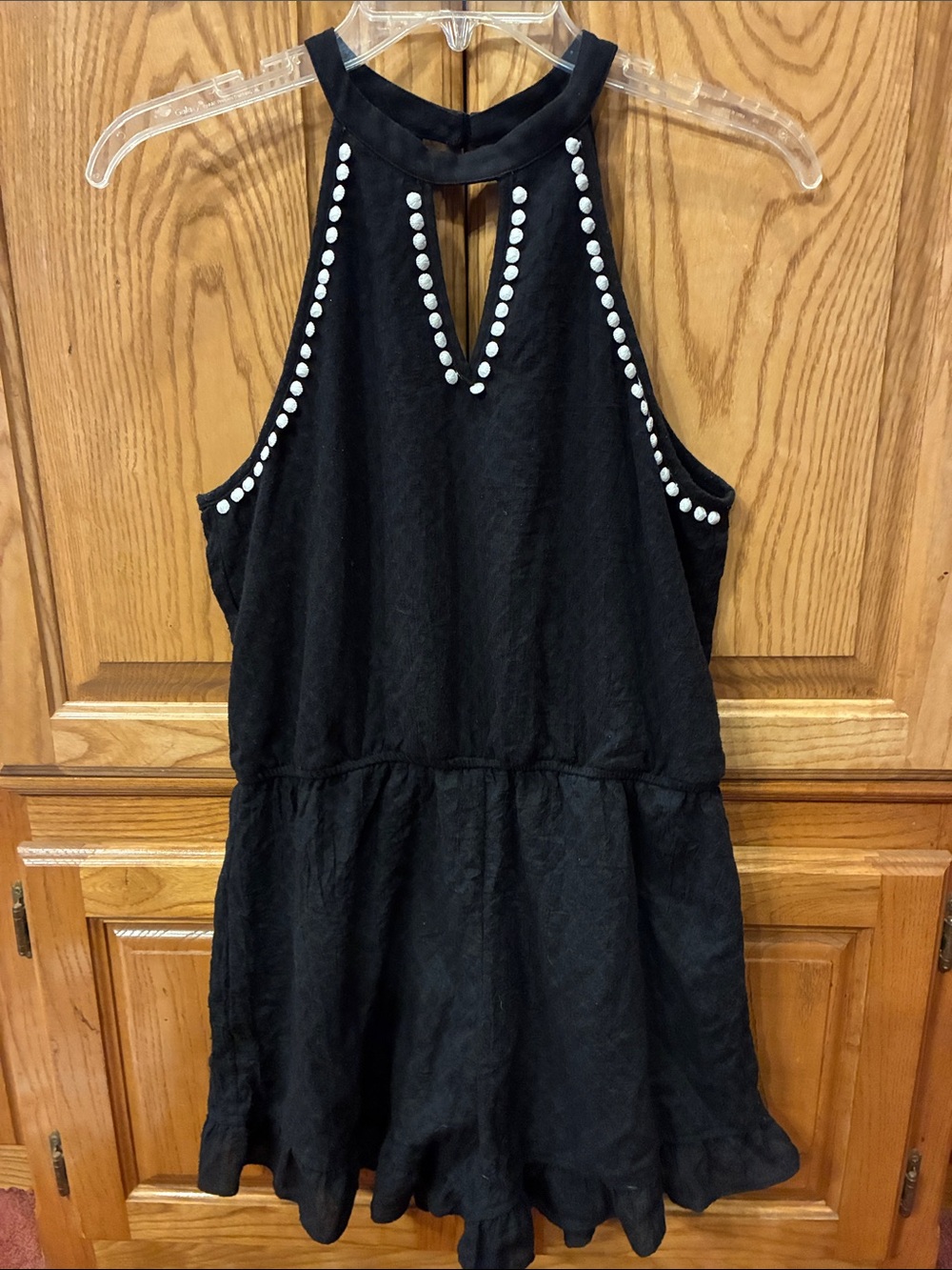 Small Linen Blend Romper - Black Ruffles, White Pom Poms, Halter, Keyhole V Neck